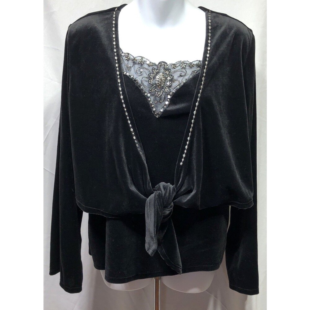 George 2pc Velour Blouse 16W Blk Sequins Cami & Tie Front Top Flare Sleeve Glam
